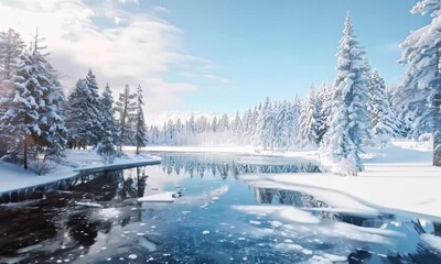 Wall Mural - Snowy landscape with a frozen lake and pine trees, , Video