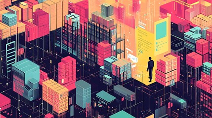 Sticker - Silhouette of man standing in digital world made of colorful boxes and neon lights. Abstract futuristic city illustration.