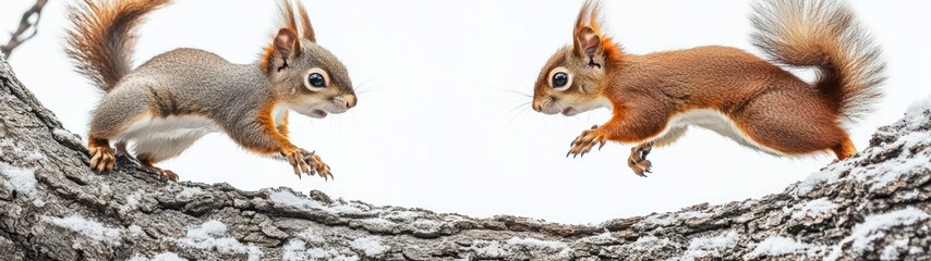 Wall Mural - Mischievous Squirrels at Play, a lively scene capturing playful squirrels engaging with each other amidst tree branches, set against a clean white backdrop.