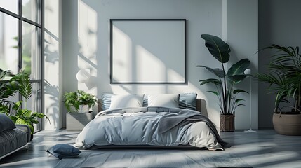 Sticker - a bedroom with a bed, couch and plants in it