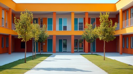 Poster - a courtyard with trees and a walkway between two buildings with orange walls and blue doors