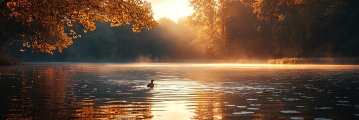 Poster - A duck is swimming in a lake with the sun shining on the water. The scene is peaceful and serene