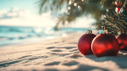 Wall Mural - Red Christmas baubles on a sandy tropical beach, evoking the warmth of a festive holiday in paradise. Ideal for travel promotions and holiday cards. Shiny red baubles resting on the sand by the sea