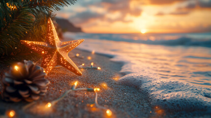 Wall Mural - Shimmering star ornament and pine cone on a sandy beach at sunset, warm lights. Perfect for holiday promotions and greeting cards. Christmas decor with glowing star ornament by the ocean at sunset