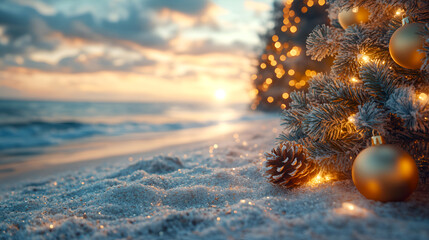 Wall Mural - Festive Christmas decor on a sandy tropical shore at sunset. Perfect for holiday advertisements, greeting cards, or promotional materials. Christmas ornaments on a tropical beach with golden sand.