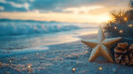 tropic christmas ornaments on magic exotic sandy beach against ocean background at golden hour. happ