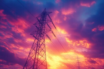 Wall Mural - Silhouette of a tall power line tower against a vibrant, colorful sunset sky.