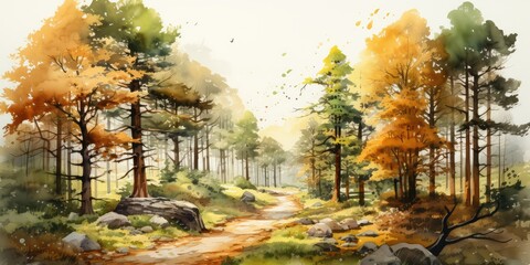 Poster - Watercolor painting of a forest path