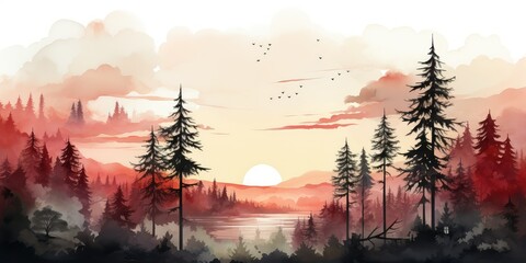 Poster - Watercolor Sunset Forest