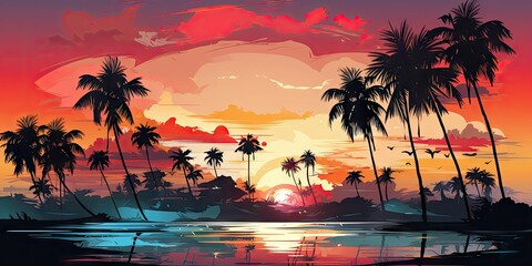 Sticker - Tropical sunset over palm trees