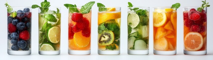 Refreshing Fruit-Infused Beverages, vibrant assortment of colorful drinks featuring fresh fruits, set against a clean white backdrop, highlighting their freshness and appeal.