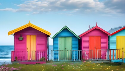 Wall Mural - Vibrant seaside huts against a stunning coastal backdrop