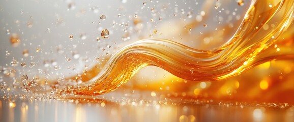 Wall Mural - Abstract wave of golden liquid with droplets of water.