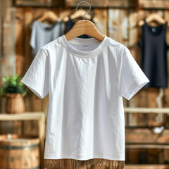 Wall Mural - A white t-shirt is displayed on a wooden table.