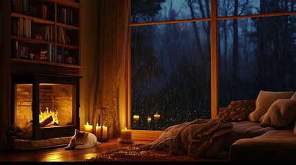 Sticker - Cozy bedroom with fireplace, candles, and a cat by the window