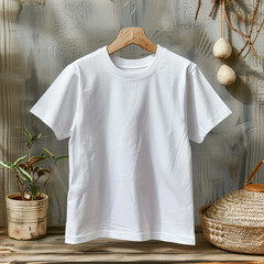 Poster - A white t-shirt is hanging on a wooden hanger