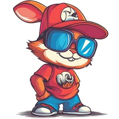 Wall Mural - Cool Cartoon Bunny Wearing Sunglasses and Cap, Digital Illustration