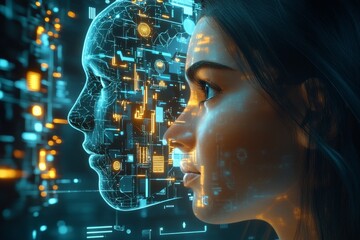 Canvas Print - Cortical interface cortical neurons cortical feedback sensory interface and robotic intelligence face to face profile of a woman and a glowing digital avatar in a high tech environment