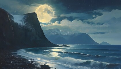 Wall Mural - Majestic mountains under a serene sea illuminated by a glowing moon