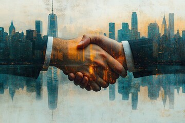 Powerful business handshake captured against the backdrop of a soaring metropolitan skyline.