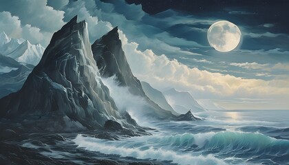 Majestic mountains under a serene sea illuminated by a glowing moon