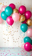 Canvas Print - Pink, Teal, and Gold Balloons with Confetti for Birthday Party Decoration