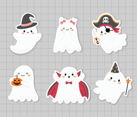 Wall Mural - Cute ghost stickers set. Ghosts in various costumes for Halloween. Vector flat illustration in hand drawn style isolated on checkered background.