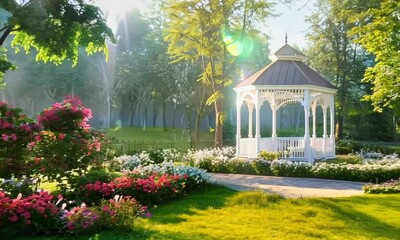 Wall Mural - Serene park with a gazebo and blooming flower beds, Video