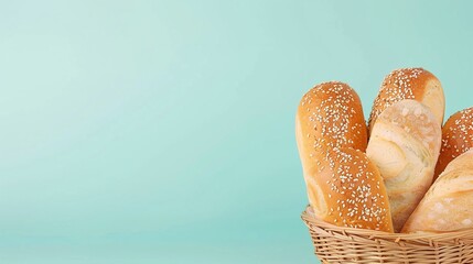 Basket of freshly baked bread rolls with sesame seeds on a mint green background. Simple and minimalist design with copy space, perfect for bakery menus, breakfast ads, product packaging, and bread ma