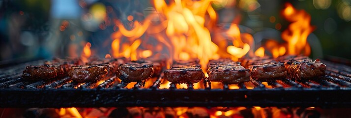 Juicy BBQ ribs sizzling over open flames on an outdoor grill, creating a mouth-watering scene with intense heat and vibrant colors, perfect for a summer barbecue.