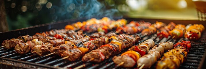 Wall Mural - Assorted barbecue skewers with vibrant meats and vegetables grilling on a hot BBQ, creating an appetizing visual display with a backdrop of smoke and hints of a summer party.