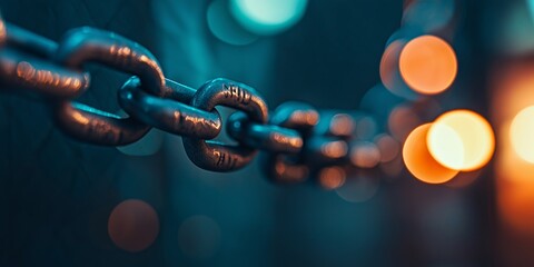 Close-up view of a metal chain with vibrant and colorful bokeh lights in the background, creating a contrast.