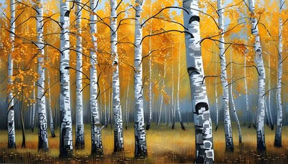 Wall Mural - Tranquil forest scene of white birch trunks standing tall amidst lush greenery and soft sunlight