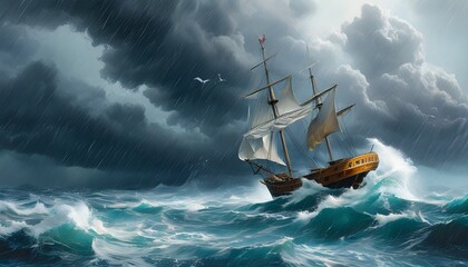 Tempestuous voyage of a ship battling fierce ocean storms