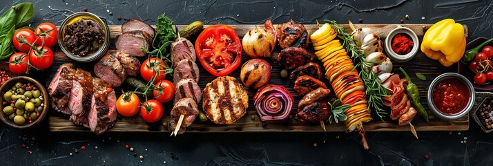 A beautifully arranged assortment of grilled meats and vegetables on a wooden board, showcasing tomatoes, peppers, onions, skewers, herbs, and olives in a rustic setting.