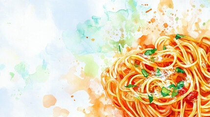 Spaghetti with tomatoes and basil leaves. on a white background. Watercolor illustration. Delicious pasta with cheese. National Spaghetti Day. Horizontal banner. Copy space. Italian food