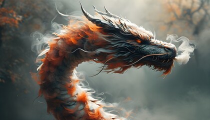 Wall Mural - Mysterious dragon shrouded in swirling smoke, embodying the essence of fantasy and enchantment