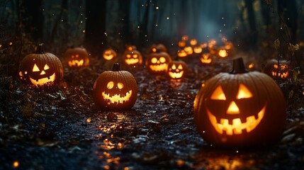 Illuminated Jack-O'-Lanterns in a Dark Forest Path