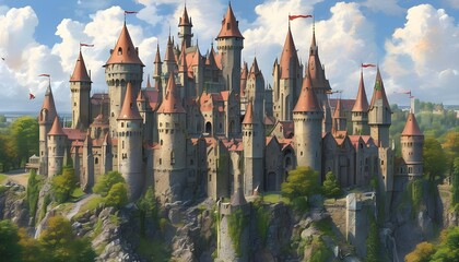 Wall Mural - Intricate Pencil Sketch of a Majestic Castle City