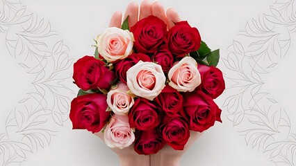 Top view of hand holding roses bouquet with copy space