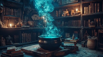 A Cauldron of Blue Smoke in a Dusty, Book-Lined Room