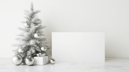 Wall Mural - minimal christmas scene with a white frosted tree, silver baubles, and a wrapped gift next to a blan