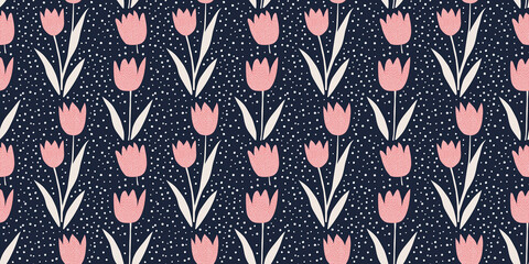 seamless pattern of tulip flowers, each with three pink petals on a navy dotted background