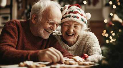 Elderly couple laughing and decorating Christmas cookies together, enjoying the festive holiday spirit in a cozy, warmly lit setting