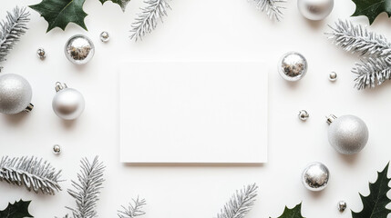 Wall Mural - white blank card surrounded by silver christmas ornaments, pine branches with snow, and holly leaves