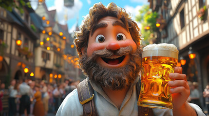 3d cartoon illustration of bearded man in national German clothes with glass of golden foamy beer in hands on background of Oktoberfest festival on Munich street, Germany, pub, brewery