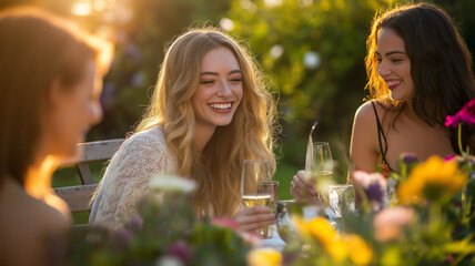 April garden party, a group of friends enjoying an elegant garden party