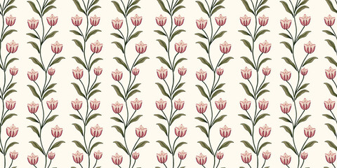 seamless minimalistic embroidery pattern of tulips, each with three pink petals and a few leaves, on a plain cream background