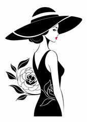 Poster - Elegant silhouette of a woman in an oversized floral hat, looking back gracefully. Silhouette of a beautiful woman in outline style in hat vector