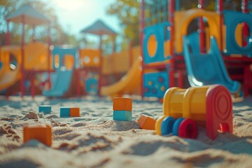 Bright sunny day at a playground sandpit filled with colorful toys and slides for children